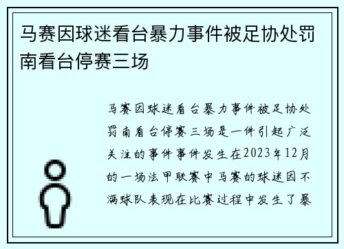 马赛因球迷看台暴力事件被足协处罚南看台停赛三场