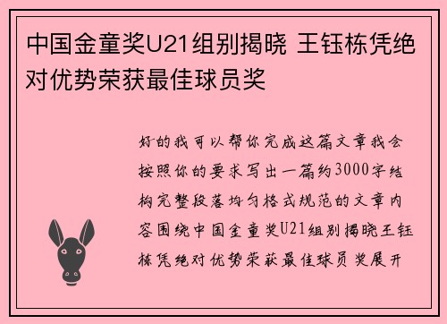 中国金童奖U21组别揭晓 王钰栋凭绝对优势荣获最佳球员奖